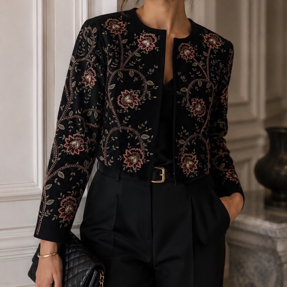 Sarah Elizabeth Black Floral Embroidered Cropped Bolero Jacket Size 10 G3